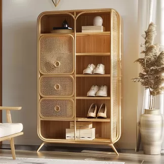 Wabi-sabi style rattan shoe cabinet, home entrance foyer creative cabinet, living room wall-mounted storage cabinet