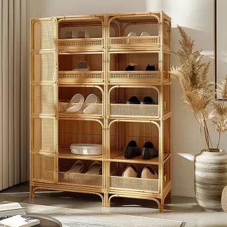 Wabi-sabi style rattan shoe cabinet, household door storage cabinet, storage cabinet, elm storage, multi-functional door external display