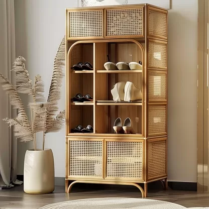 Wabi-sabi style rattan shoe cabinet, household door storage cabinet, storage cabinet, elm storage, multi-functional door external display - Image 7