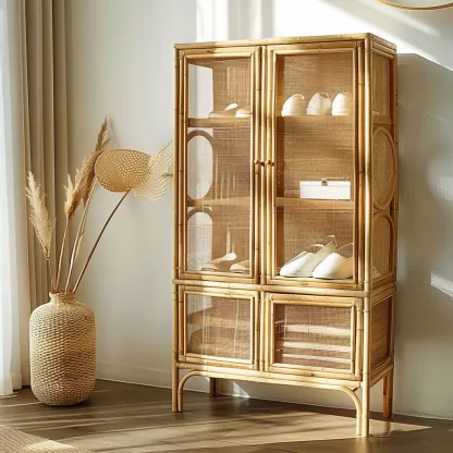 Wabi-sabi style rattan shoe cabinet, household door storage cabinet, storage cabinet, elm storage, multi-functional door external display - Image 9
