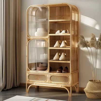 New Chinese-style creative solid wood rattan shoe cabinet for living room, tea room, study, high-end design sense shoe cabinet for bedroom, entrance hall - Image 9