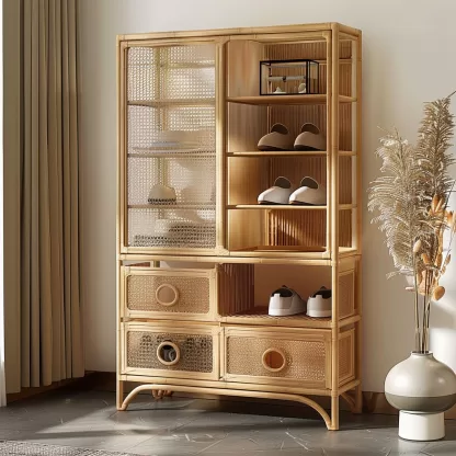 Wabi-sabi style solid wood rattan woven shoe cabinet, household entrance foyer cabinet, living room storage cabinet, multi-functional storage cabinet - Image 8