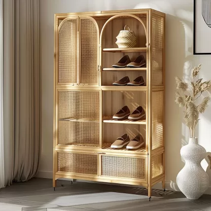 Wabi-sabi style solid wood rattan woven shoe cabinet, household entrance foyer cabinet, living room storage cabinet, multi-functional storage cabinet - Image 9