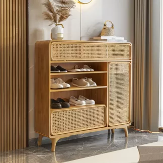 New Chinese-style creative solid wood rattan shoe cabinet for living room, tea room, study, high-end design sense shoe cabinet for bedroom, entrance hall