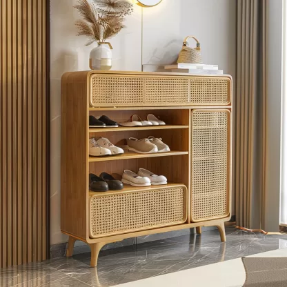 New Chinese-style creative solid wood rattan shoe cabinet for living room, tea room, study, high-end design sense shoe cabinet for bedroom, entrance hall