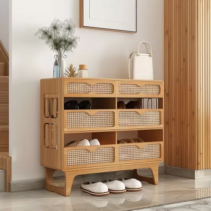 New Chinese-style creative solid wood rattan shoe cabinet for living room, tea room, study, high-end design sense shoe cabinet for bedroom, entrance hall - Image 9