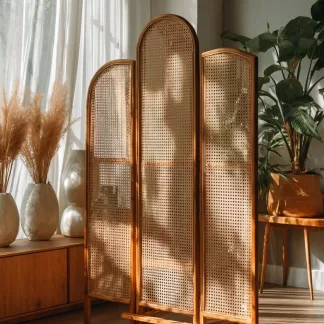 Wabi-sabi-style rattan screen partition for the living room entrance foyer, mobile folding bookshelf background design