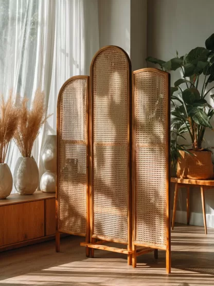 Wabi-sabi-style rattan screen partition for the living room entrance foyer, mobile folding bookshelf background design