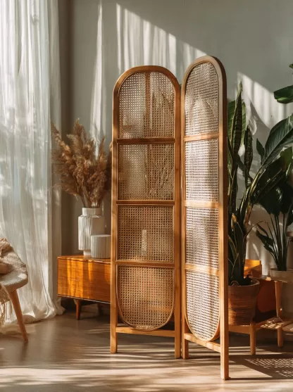 Wabi-sabi-style rattan screen partition for the living room entrance foyer, mobile folding bookshelf background design - Image 7