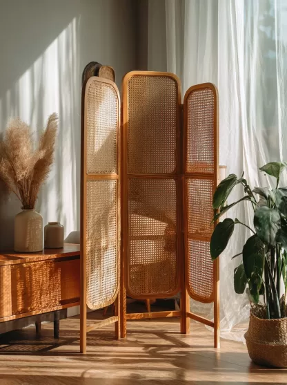 Wabi-sabi-style rattan screen partition for the living room entrance foyer, mobile folding bookshelf background design - Image 8
