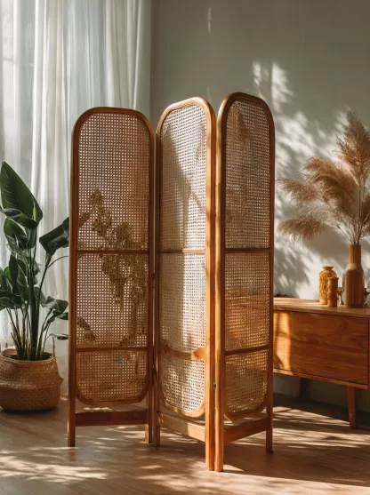 Wabi-sabi-style rattan screen partition for the living room entrance foyer, mobile folding bookshelf background design - Image 9