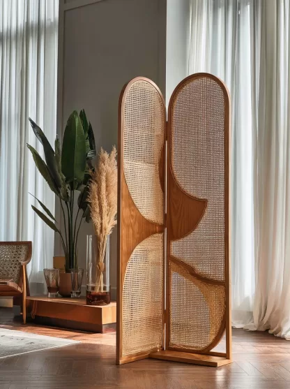 New Chinese-style creative solid wood rattan woven screen for living room, tea room, study, high-end design sense screen for bedroom and entrance hall