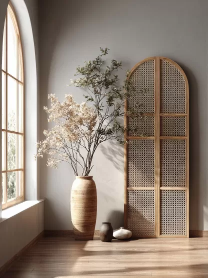 New Chinese-style creative solid wood rattan woven screen for living room, tea room, study, high-end design sense screen for bedroom and entrance hall