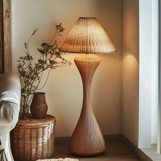 Wabi-sabi style rattan floor lamp, a retro designer art lighting fixture for living room, bedroom, study, homestay and tea room