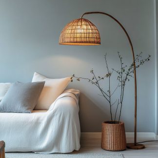Wabi-sabi style rattan floor lamp, a retro designer art lighting fixture for living room, bedroom, study, homestay and tea room