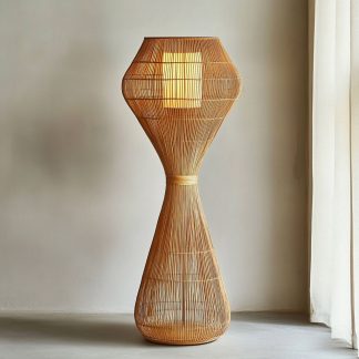 Wabi-sabi style rattan floor lamp, a retro designer art lighting fixture for living room, bedroom, study, homestay and tea room
