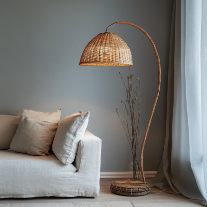 Wabi-sabi style rattan floor lamp for living room, bedroom, study, homestay and tea room, a retro designer artistic lighting fixture