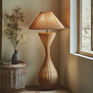 Wabi-sabi style rattan floor lamp for living room, bedroom, study, homestay and tea room, a retro designer artistic lighting fixture